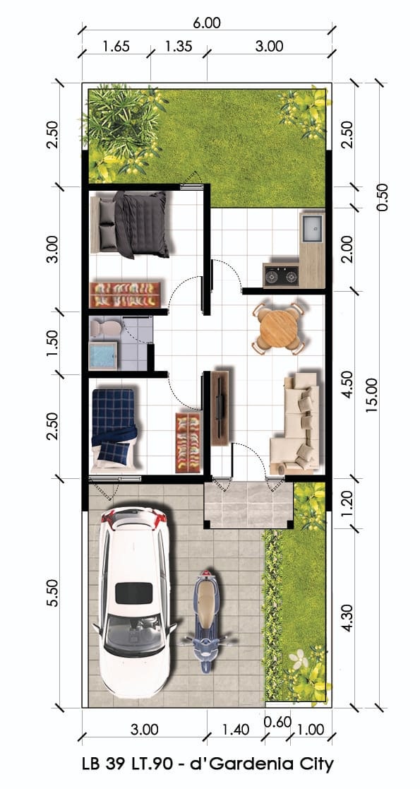 Denah rumah tipe d'Amor LB 39 / LT 90 di D'Gardenia City Sidoarjo