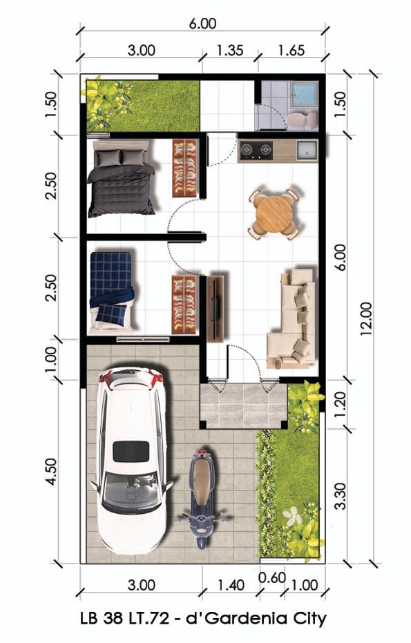 Denah rumah tipe d'Camilia LB 38 / LT 72 di D'Gardenia City Sidoarjo
