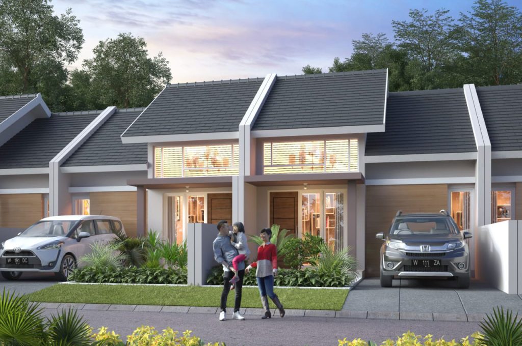 Fasad depan rumah tipe Capella bergaya European Modern di Prima Garden Estate Sidoarjo