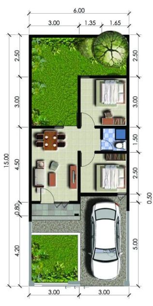 Denah rumah tipe Marigold LT 90 / LB 36 di Prima Garden Estate Sidoarjo