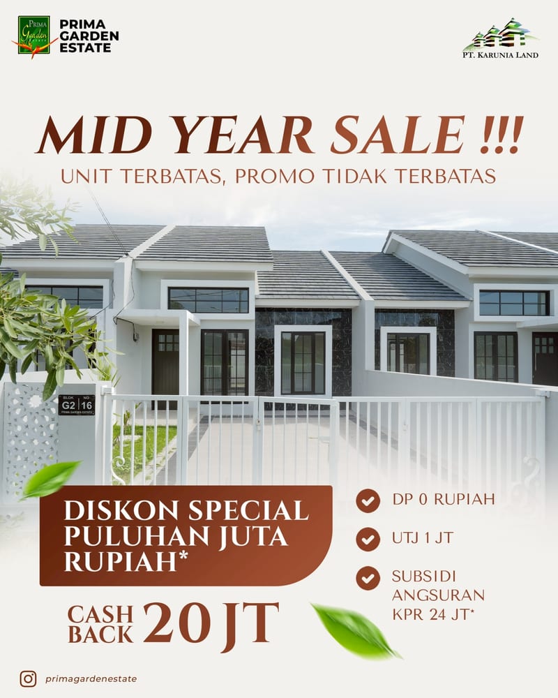 Promo Mid Year Sale Prima Garden Estate — diskon puluhan juta rupiah, DP 0 rupiah, cashback 20 juta